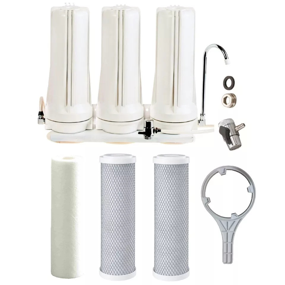 Triple 3 Stage Countertop Water Filter | Sediment + Carbon CT-3-SCC